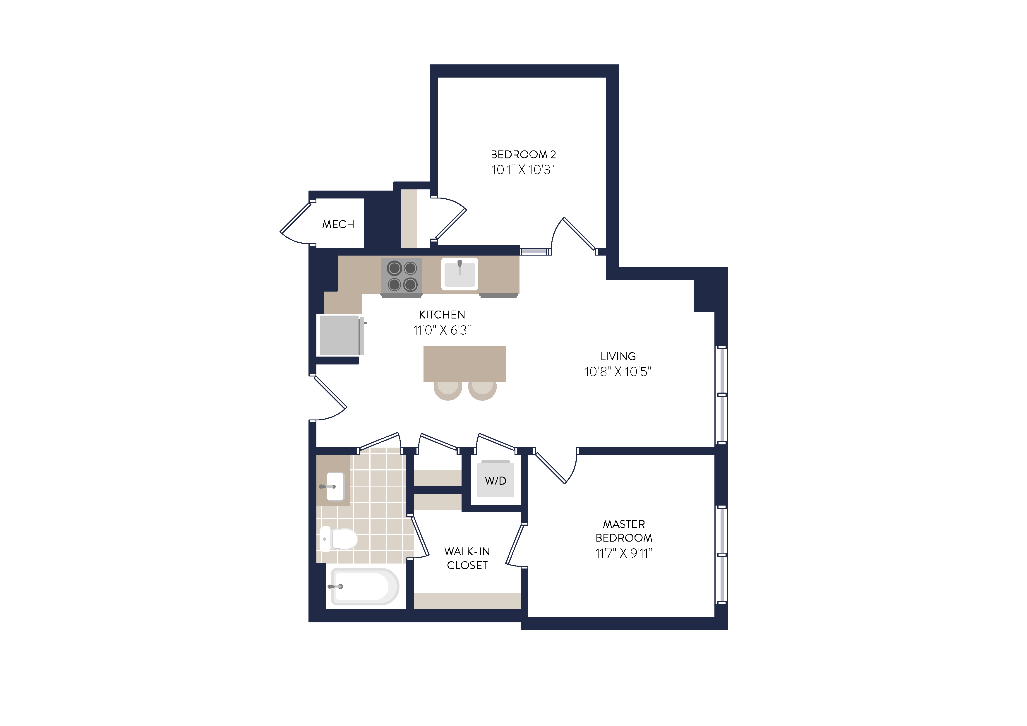 Floor plan for 1 bed, 1 bath, 653 sqft